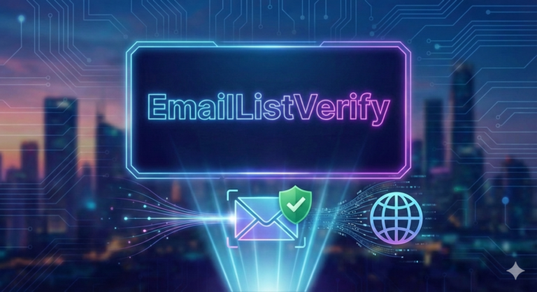 Futuristic EmailListVerify logo with a glowing shield protecting an email icon.