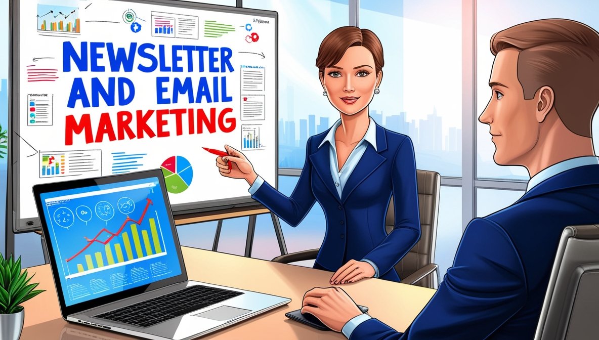 Business professionals discussing newsletter and email marketing strategies with charts and analytics on a screen in a modern office.