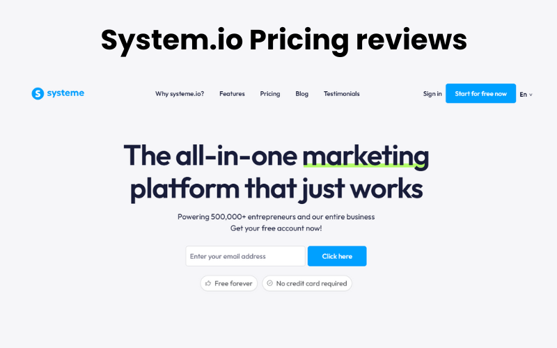Systeme.io pricing and homepage showing the all-in-one marketing platform headline and free account signup section.