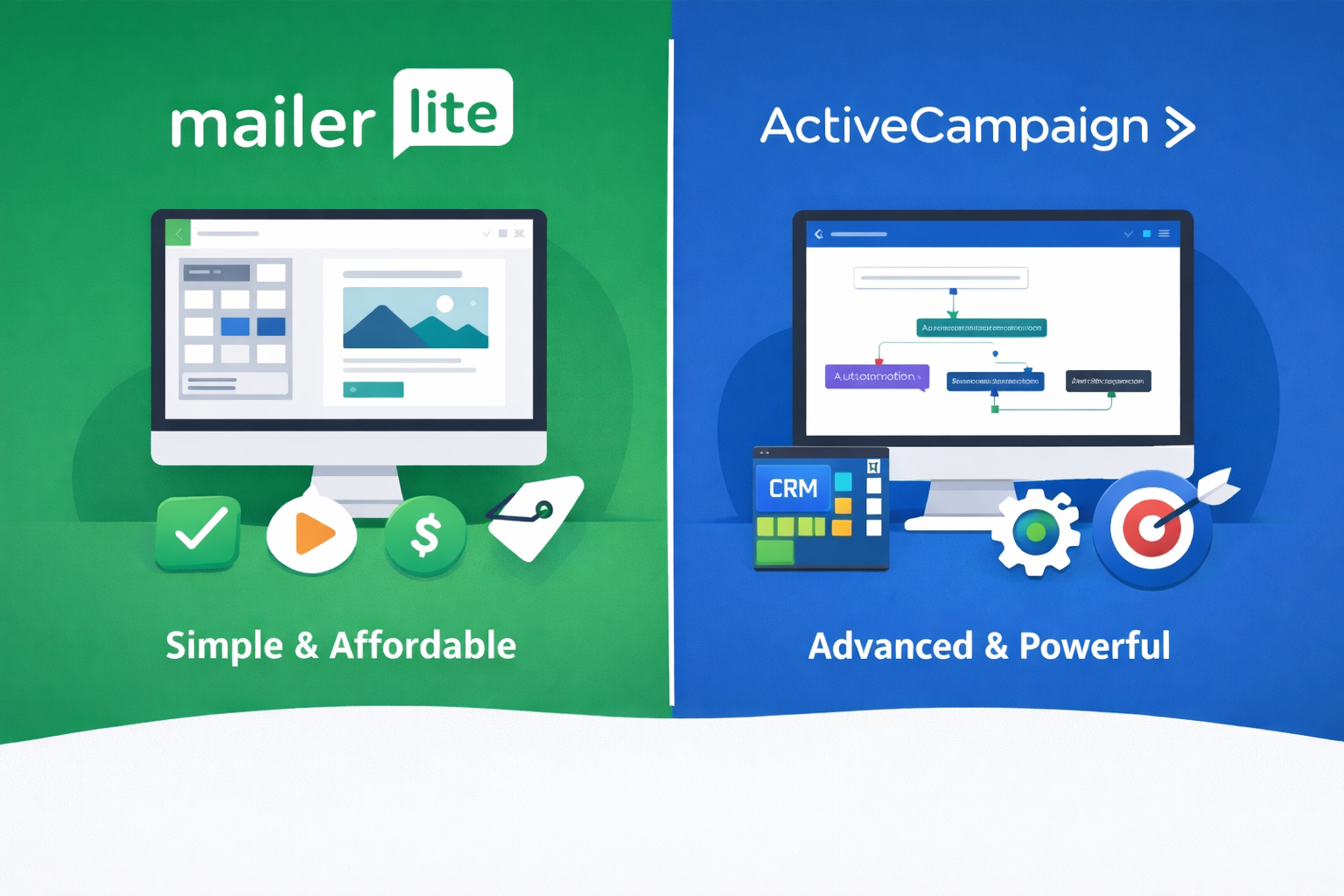 MailerLite vs ActiveCampaign email marketing platforms with automation, CRM, and campaign features