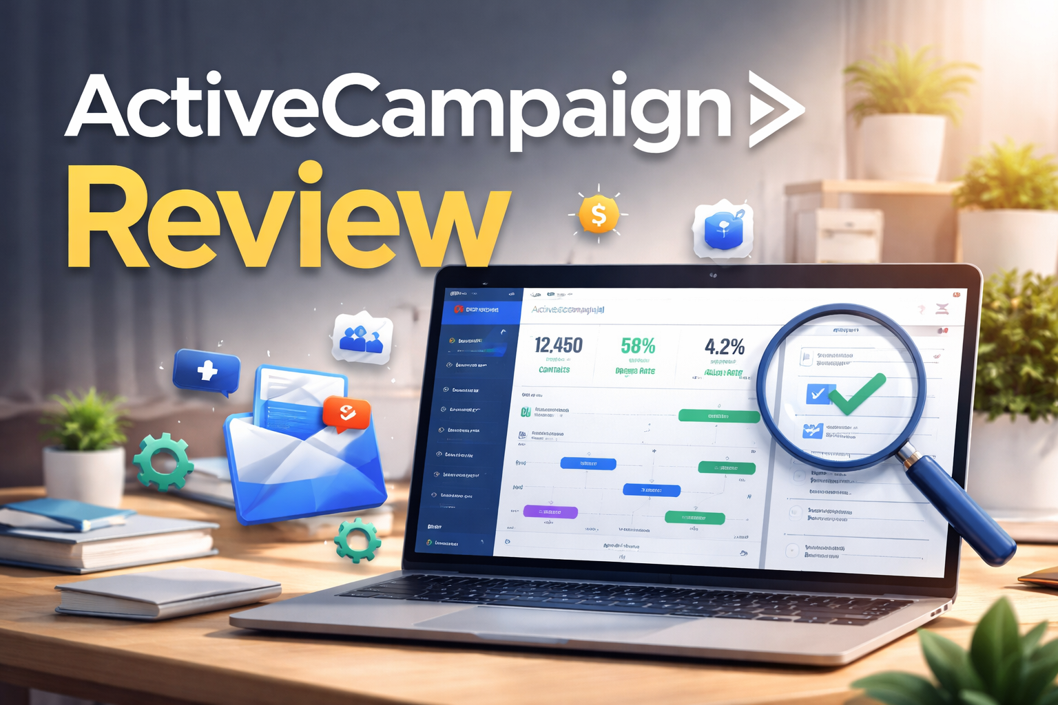 ActiveCampaign review dashboard showing email automation, analytics, and campaign performance