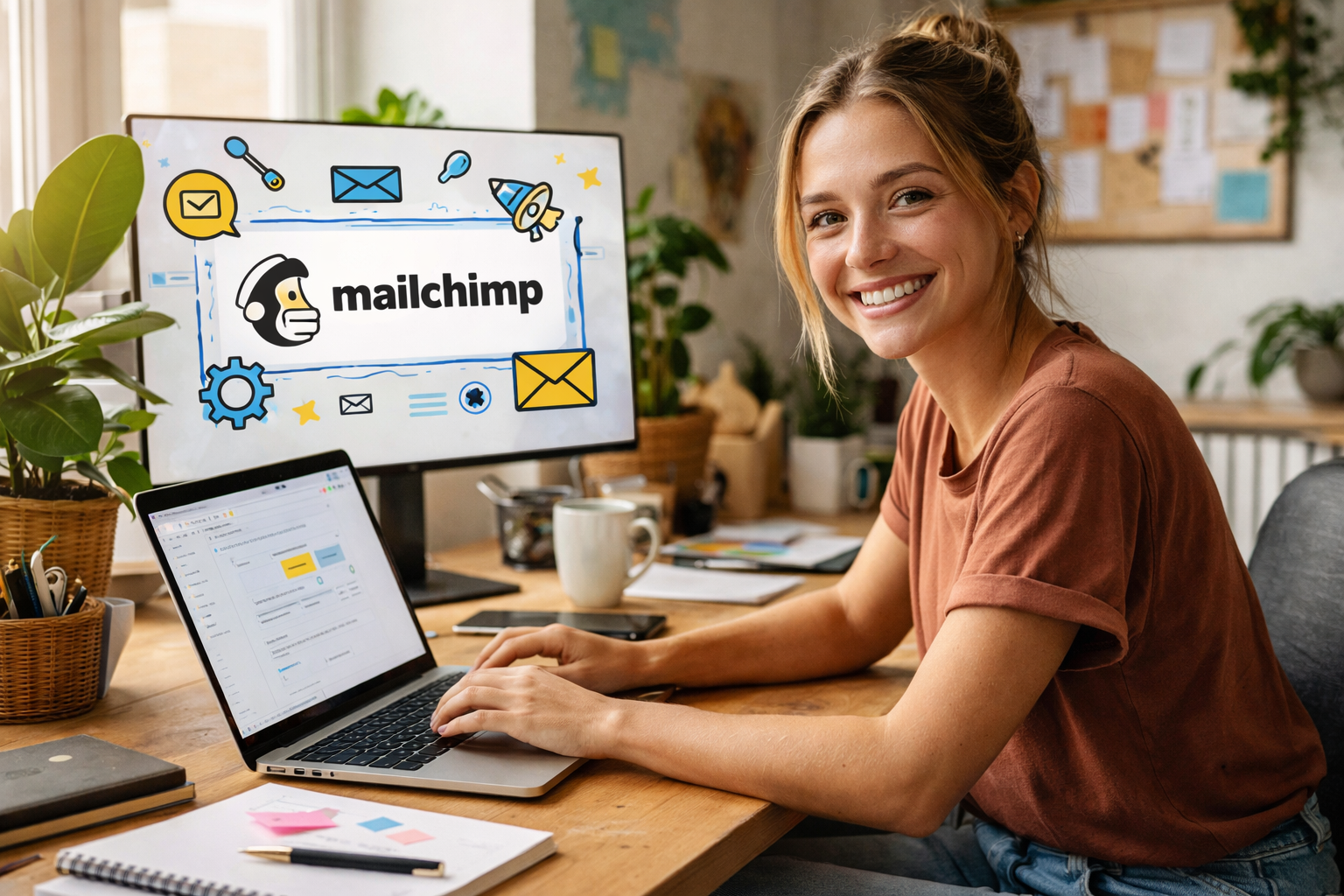 Mailchimp review dashboard showing email marketing campaign on laptop