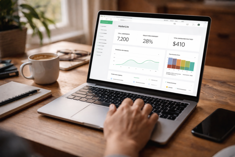 MailerLite Review 2026 dashboard showing real email marketing results on laptop