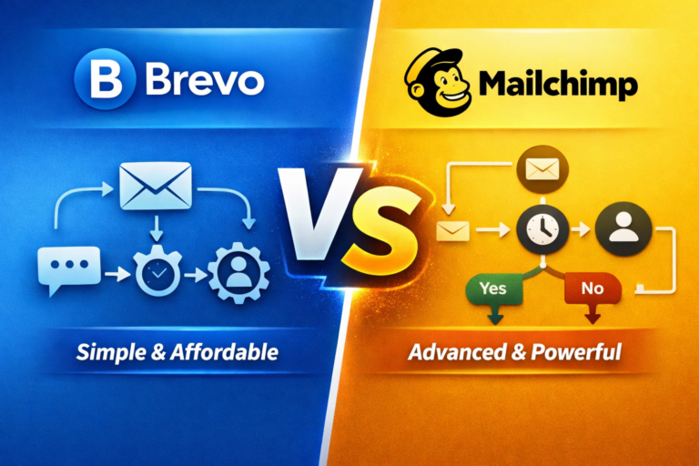 Brevo vs Mailchimp comparison showing pricing, features, and automation differences