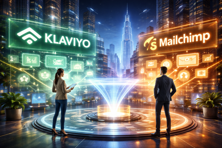 Klaviyo vs Mailchimp comparison dashboard with marketers analyzing email marketing tools