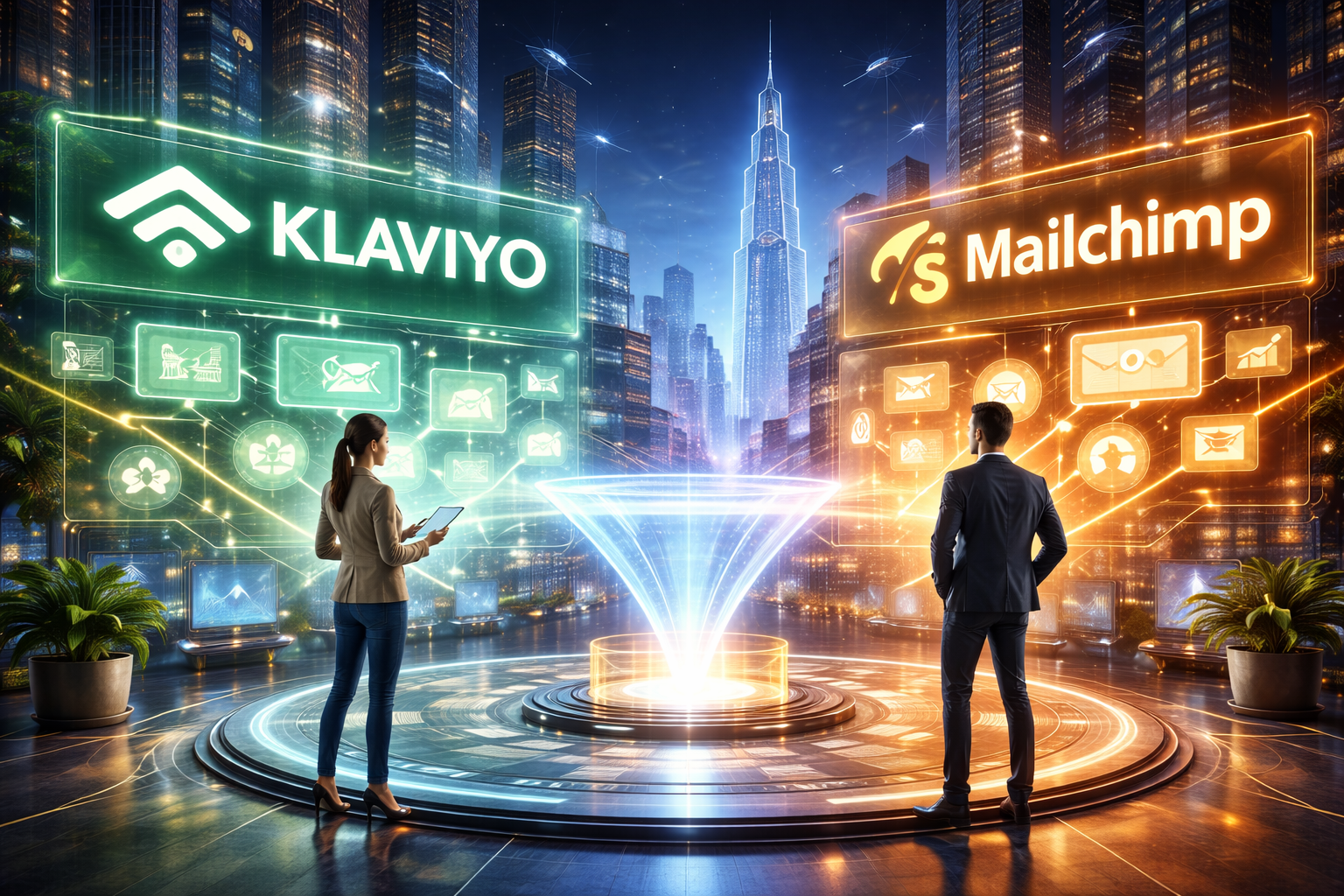 Klaviyo vs Mailchimp comparison dashboard with marketers analyzing email marketing tools