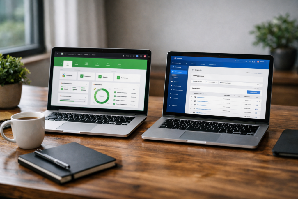 Hostinger vs Namecheap comparison showing two laptops with hosting dashboard and domain management interface