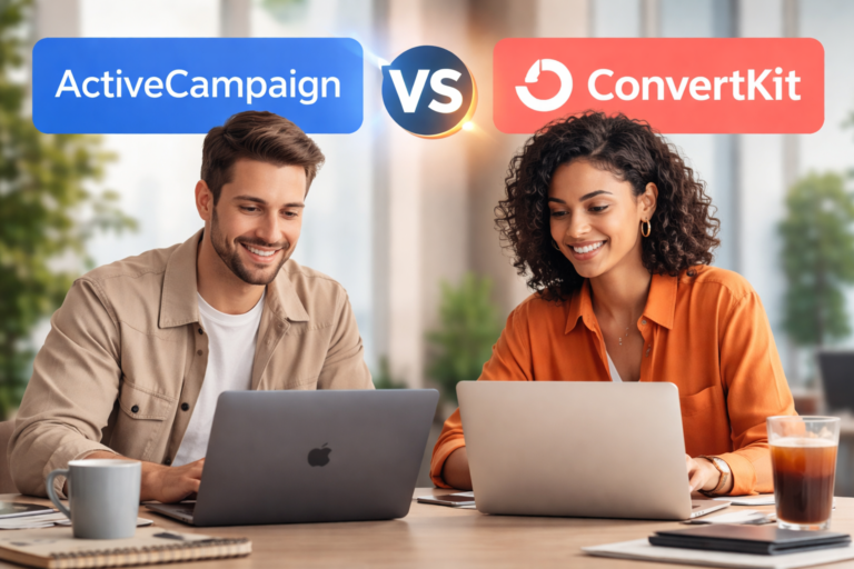 ActiveCampaign vs ConvertKit comparison image showing two people using laptops for email marketing tools