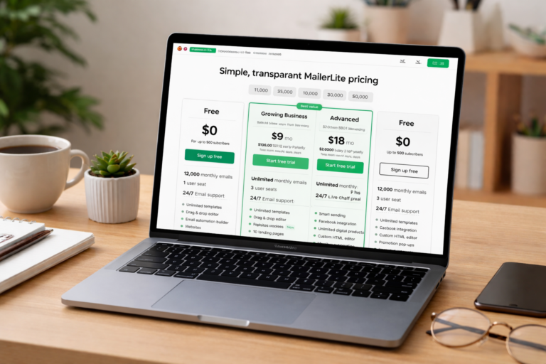 MailerLite pricing plans displayed on laptop showing free, growing business and advanced plans comparison