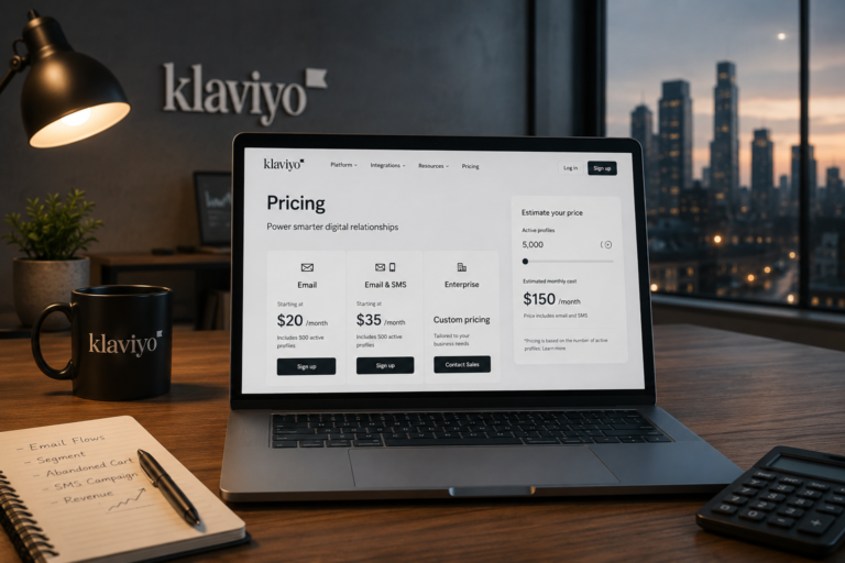 Realistic Klaviyo pricing dashboard displayed on a laptop in a modern office workspace, showing email marketing plans, SMS costs, and ecommerce pricing analytics for 2026.
