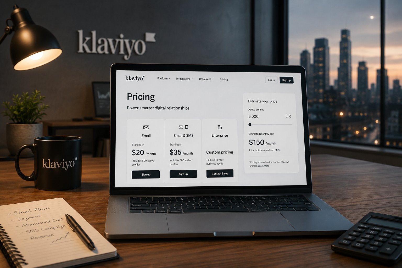Realistic Klaviyo pricing dashboard displayed on a laptop in a modern office workspace, showing email marketing plans, SMS costs, and ecommerce pricing analytics for 2026.