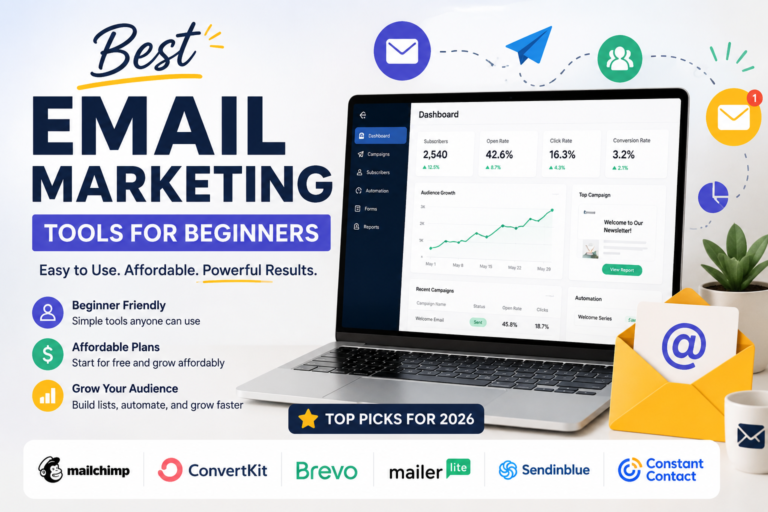 Best Email Marketing Tools for Beginners showing dashboard, features, and top platforms for 2026