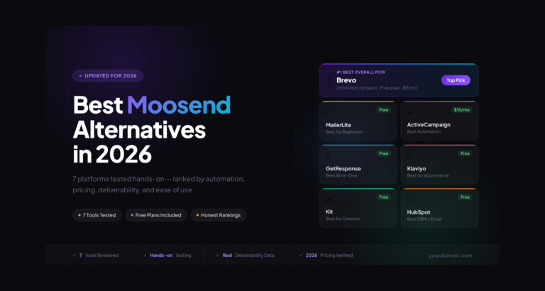 Best Moosend alternatives in 2026 showing 7 platforms including Brevo, MailerLite, ActiveCampaign, GetResponse, Klaviyo, Kit and HubSpot compared side by side
