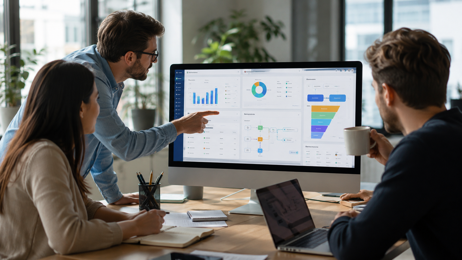 Three professionals comparing CRM software dashboards on a desktop computer in a modern office while reviewing email marketing, sales pipeline, and automation tools.