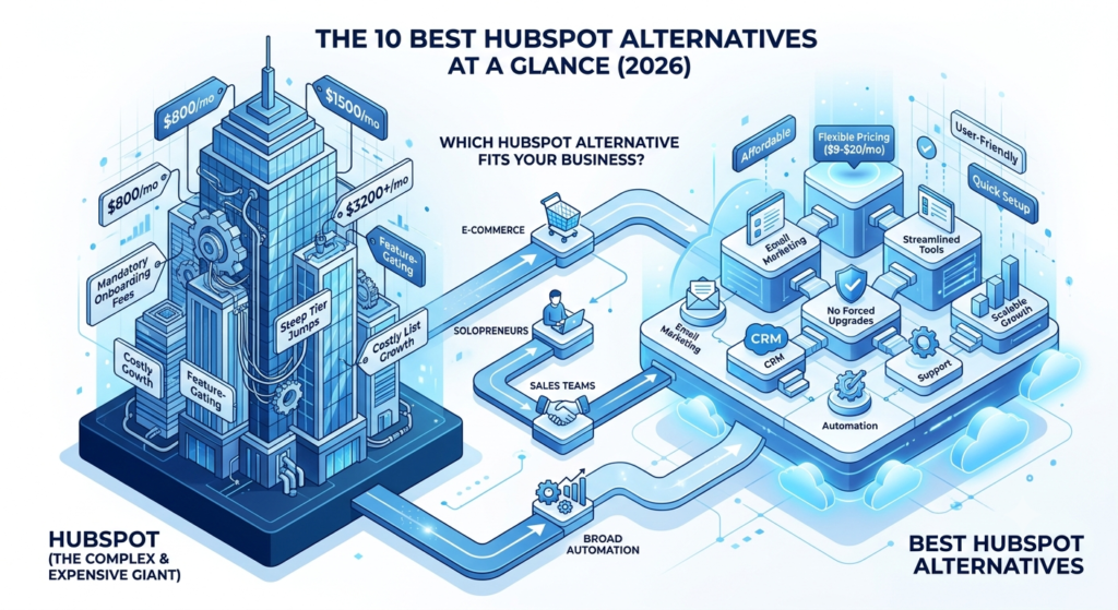 Isometric graphic comparing HubSpot's expensive corporate pricing structure against lightweight, affordable email marketing alternatives.